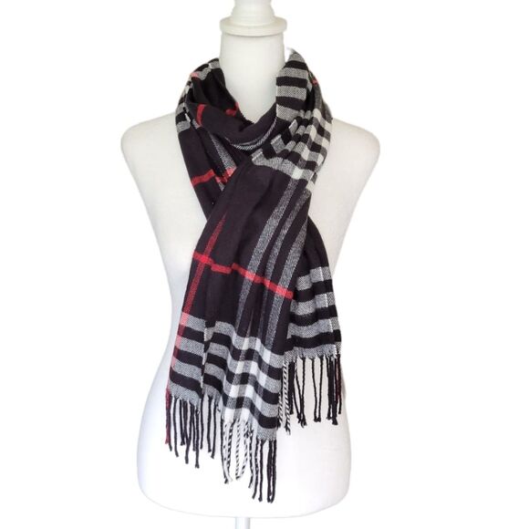 Cashmere Plaid Tartan Black White & Red Scarf with Fringe - Picture 1 of 3